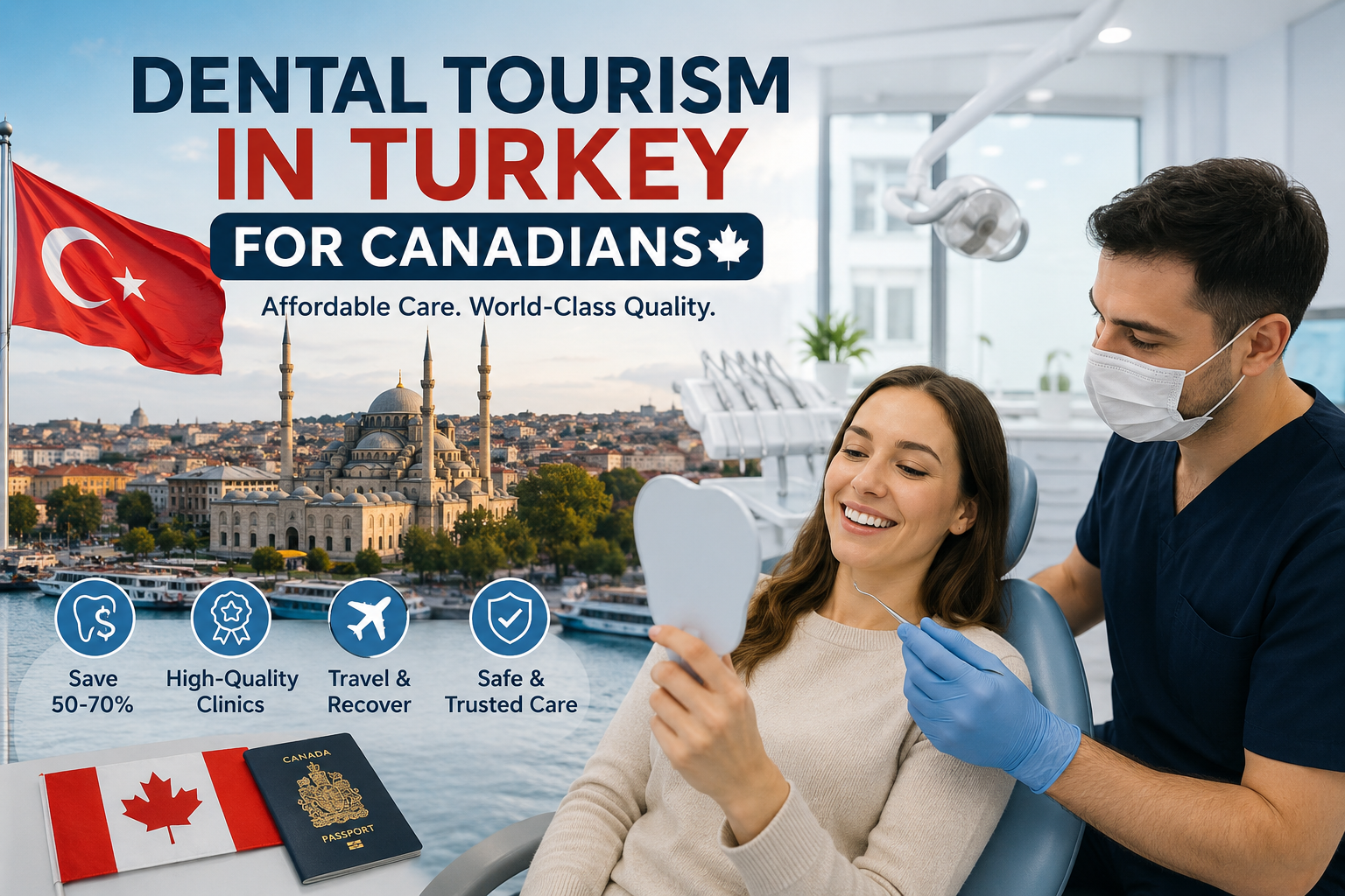 Canadian patient receiving dental treatment in a modern Turkish clinic with Istanbul skyline in the background, promoting dental tourism in Turkey for Canadians.